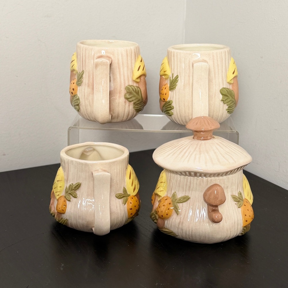 Vintage Arnels Mushroom Ceramic Set Mugs Creamer Sugar Bowl Retro 70s Pottery - Picture 2 of 12